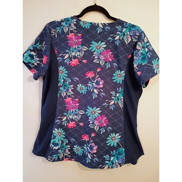 Cherokee‎ iFlex Women's Floral V Neck Scrub Top Short Sleeve Navy M - Picture 2 of 7